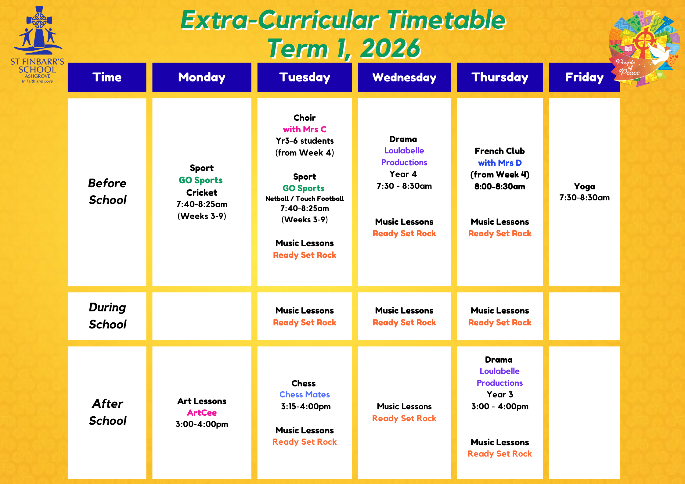 Extra‑curricular timetable for St Finbarr’s School Ashgrove, Term 1 2026.