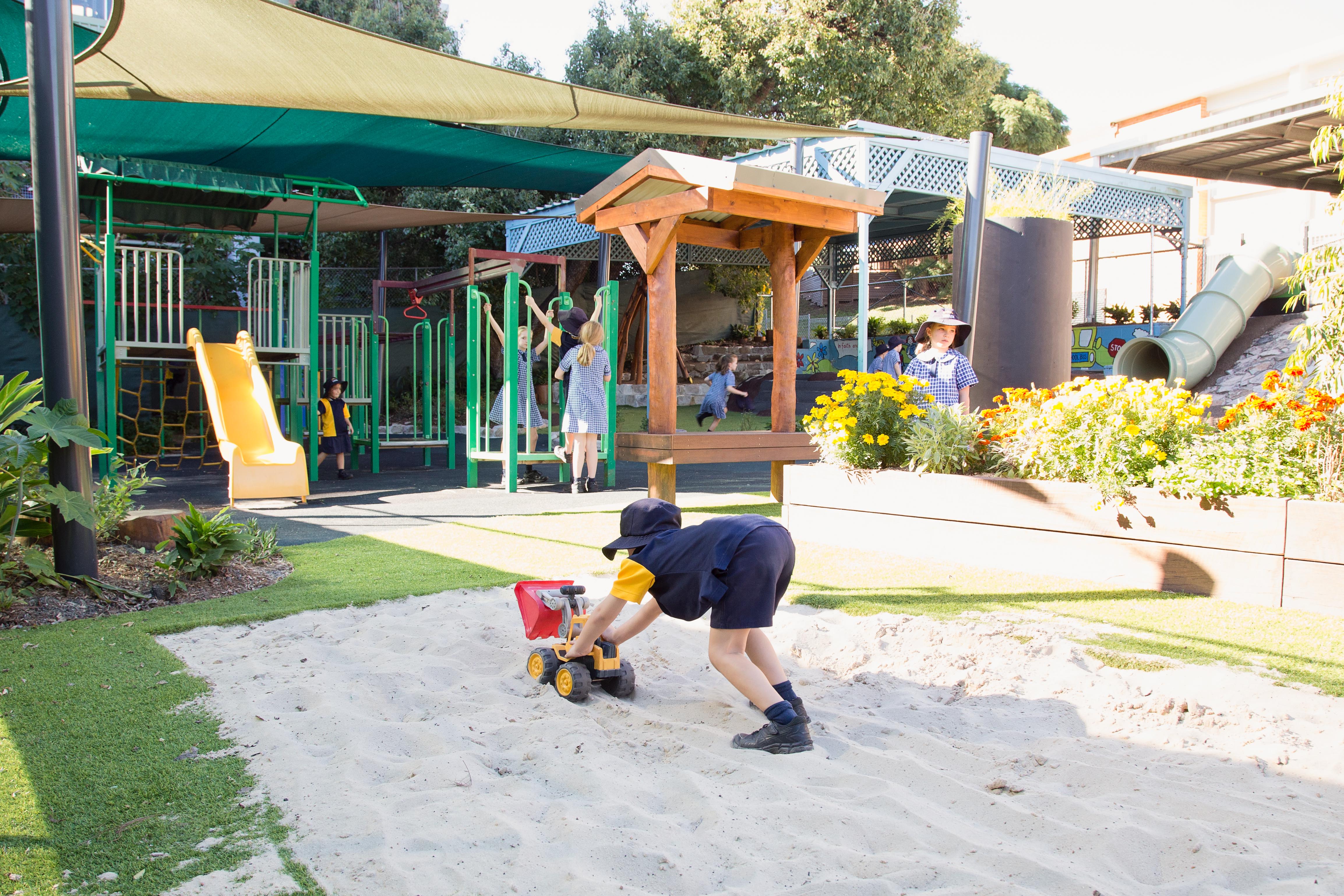 Students engaging in play and exploration in an outdoor school playground.